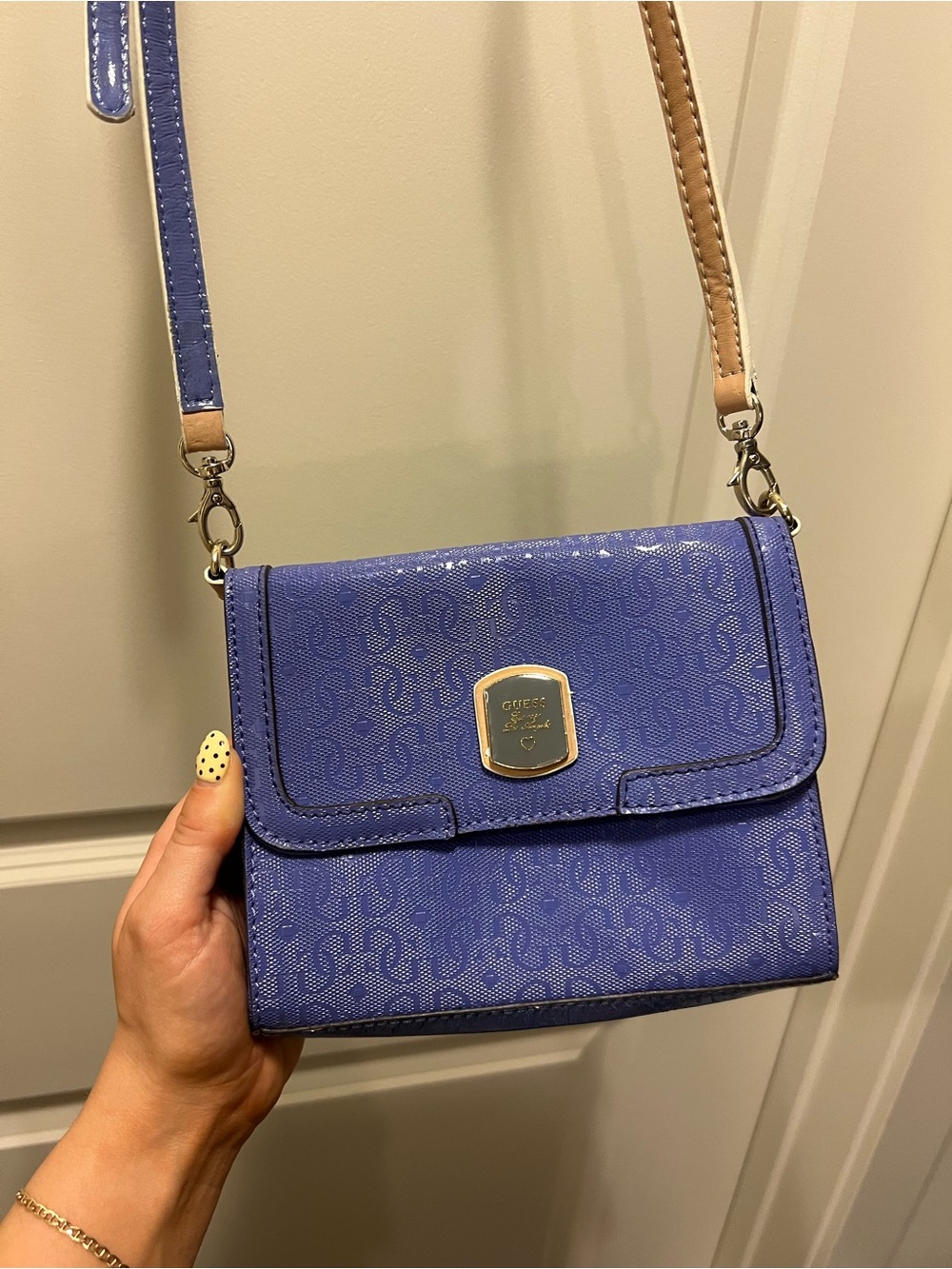 GUESS Royal Blue Monogram Crossbody with Tan Strap